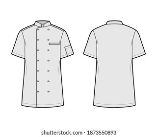 Shirt bakers chefs uniform technical fashion illustration with short sleeves, welt pockets, relax fit, double breasted button-down. Flat template front, back grey color. Women men top CAD mockup