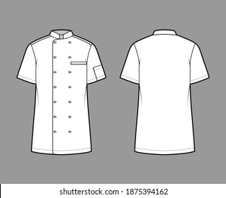 Shirt bakers chefs uniform technical fashion illustration with short sleeves, welt pockets, relax fit, double breasted button-down. Flat template front, back white color. Women men top CAD mockup