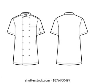 Shirt bakers chefs uniform technical fashion illustration with short sleeves, welt pockets, relax fit, double breasted button-down. Flat template front, back white color. Women men top CAD mockup