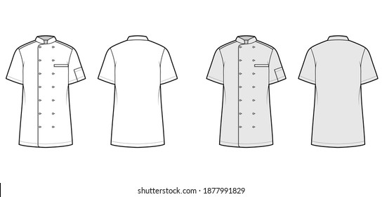 Shirt bakers chefs uniform technical fashion illustration with short sleeves, welt pockets, relax fit, double breasted button-down. Flat template front, back white grey color. Women men top CAD mockup