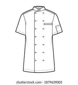 Shirt bakers chefs uniform technical fashion illustration with short sleeves, welt pockets, relax fit, double breasted button-down. Flat template front, white color. Women men top CAD mockup