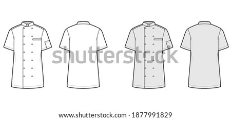 Shirt bakers chefs uniform technical fashion illustration with short sleeves, welt pockets, relax fit, double breasted button-down. Flat template front, back white grey color. Women men top CAD mockup