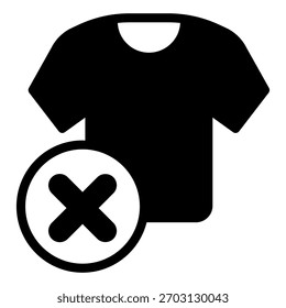 Shirt ban solid icon, wash and dry concept. Vector graphics. T-shirt with close button, forbidden item sign on white background, glyph style icon for mobile or web design