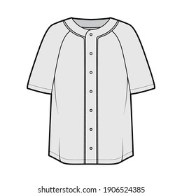 Shirt baseball button front technical fashion illustration with raglan short sleeves, button up, oversized. Flat apparel jersey top outwear template front, grey color. Women men unisex CAD mockup