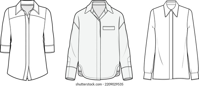 Shirt Blouse flat sketch illustration, Set of womens long sleeve shirt for formal wear and casual wear fashion illustration template mock up