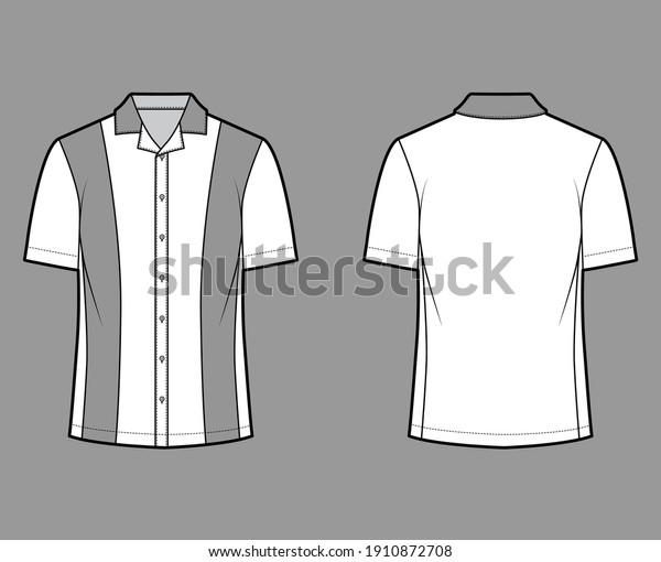 Shirt bowling technical fashion illustration with\
short sleeves, open collar, tunic length, oversized uniform. Flat\
apparel top template front, back, white, grey color. Women men\
unisex CAD mockup