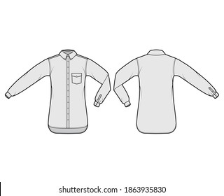 Shirt button-down technical fashion illustration with angled pocket, elbow fold, straight long sleeves, oversized, regular collar. Flat template front, back grey color. Women men unisex top