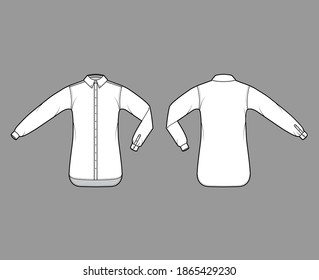 Shirt button-down technical fashion illustration with elbow fold, straight long sleeves with cuff, oversized, regular collar. Flat template front back white color. Women men unisex top CAD mockup