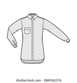 Shirt button-down technical fashion illustration with angled pocket, elbow fold, straight long sleeves, oversized, regular collar. Flat template front, grey color. Women men unisex top CAD mockup