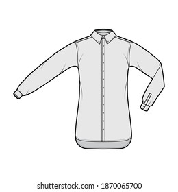 Shirt button-down technical fashion illustration with elbow fold, straight long sleeves with cuff, oversized, regular collar. Flat template front grey color. Women men unisex top CAD mockup
