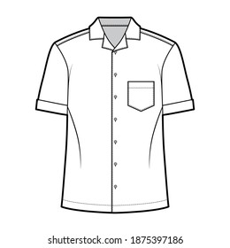 Shirt camp technical fashion illustration with short sleeves, angled patch pocket, relax fit, button-down, open collar. Flat template front, white color. Women men unisex top CAD mockup