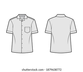 Shirt Camp Technical Fashion Illustration With Short Sleeves, Angled Patch Pocket, Relax Fit, Button-down, Open Collar. Flat Template Front, Back Grey Color. Women Men Unisex Top CAD Mockup