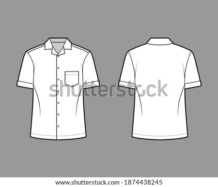 Shirt camp technical fashion illustration with short sleeves, angled patch pocket, relax fit, button-down, open collar. Flat template front, back white color. Women men unisex top CAD mockup