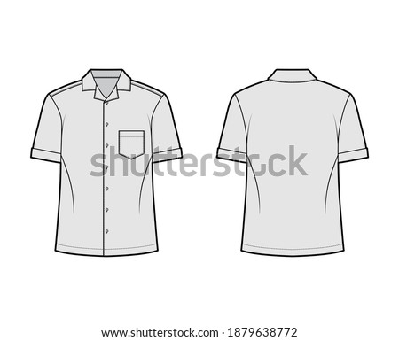 Shirt camp technical fashion illustration with short sleeves, angled patch pocket, relax fit, button-down, open collar. Flat template front, back grey color. Women men unisex top CAD mockup