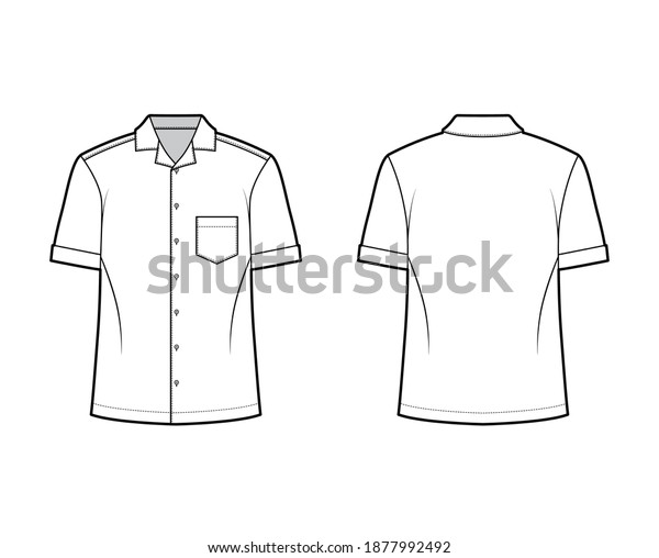 Shirt camp technical fashion illustration with\
short sleeves, angled patch pocket, relax fit, button-down, open\
collar. Flat template front, back white color. Women men unisex top\
CAD mockup