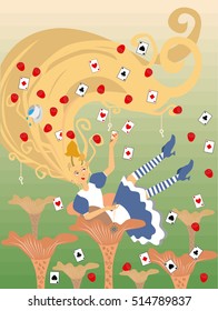 Shirt cards. Alice in Wonderland sitting on a mushroom. pattern, roses, cards. card background. Alice is falling down into the rabbit hole