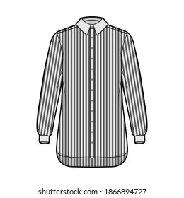 Shirt cleric stripe technical fashion illustration with long sleeves with cuff, relax fit, button-down, regular collar. Flat template front, grey color. Women men unisex top CAD mockup