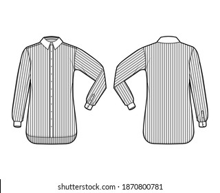Shirt cleric stripe technical fashion illustration with elbow fold long sleeves, relax fit, button-down, regular collar. Flat template front, back white, color. Women men unisex top CAD mockup
