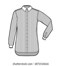 Shirt cleric stripe technical fashion illustration with elbow fold long sleeves, relax fit, button-down, regular collar. Flat template front, white, color. Women men unisex top CAD mockup