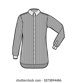 Shirt cleric stripe technical fashion illustration with elbow fold long sleeves, relax fit, button-down, regular collar. Flat template front, grey color. Women men unisex top CAD mockup