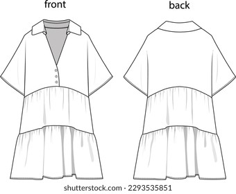 shirt collar, pieced gather detail skirt,
short-sleeved dress with ornamental buttons,
woman short dress vector drawing, dress
front and back drawing