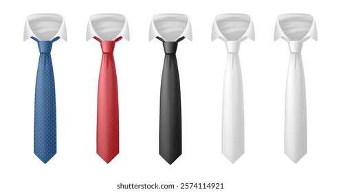 Shirt collars and necktie realistic mockup, isolated clothes and accessories for males. Vector formalwear and apparel parts for gentlemen, work garment and outfits, fashion and design collection