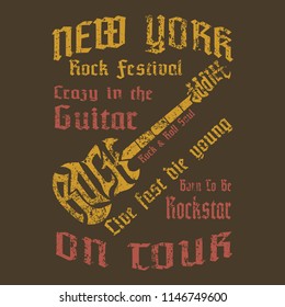 shirt concept design of create text to be guitar shape,vintage and grunge style,vector illustration
