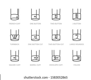 Shirt cuffs types flat line icons set. One button, french cuff, turnback sleeves vector illustrations. Outline pictogram for menswear store. Pixel perfect. Editable Strokes.