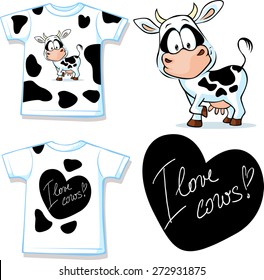 shirt with cute black and white cow - vector illustration