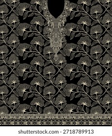 El diseño de la camisa presenta un fondo negro con un intrincado patrón floral beige de Grandes flores estilizadas y hojas que cubren la tela, complementado con un adorno de cuello ornamentado y un borde decorativo en el dobladillo inferior