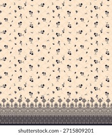 El diseño de la camisa presenta un fondo crema con un patrón floral negro repetido y un intrincado borde gris estilo encaje en la parte inferior.