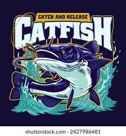 Diseño de la camiseta de la ilustración de bagre de pesca Vintage.