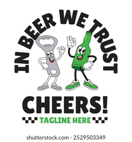 Shirt Design of Happy Beer Bottle and Opener Mascot Character