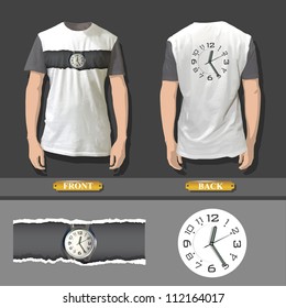 Shirt design with an illustration of a clock. Realistic vector design.