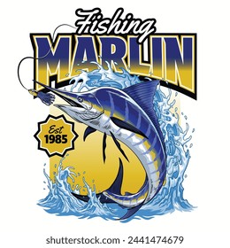 Shirt Design of Marlin Fishing in Vintage Style