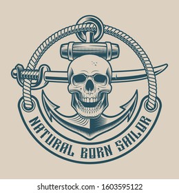 Shirt design with a skull, anchor and saber in vintage style. Perfect for logos, shirt design and many other uses.