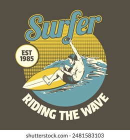 Shirt Design of Surfer Riding The Wave Vintage