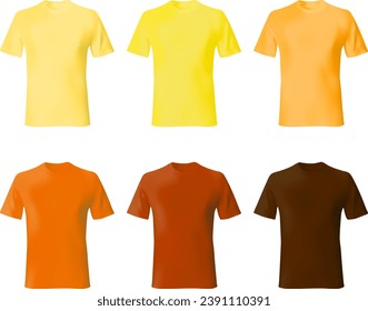 Shirt design template. Set men t shirt yellow, orange, brown color. Realistic mockup shirts model male fashion.