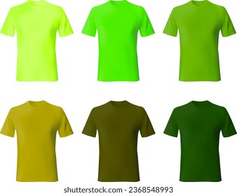 Shirt design template vector. Set men t shirt green, khaki color. Realistic mockup shirts model male fashion.