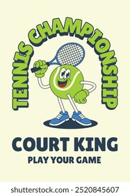 Diseño de camiseta del personaje de la mascota del campeón de tenis