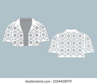 vector de diseño de camisa. plantilla de esbozo plano de recorte técnico de vista frontal. mujeres blusa con cad de moda de algodón de encaje vintage. adorno decorativo adorno de adorno de collarín de algodón con bordado en eyelet.