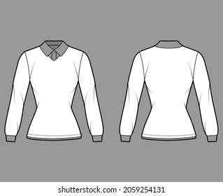 
Shirt double collar technical fashion illustration with long sleeves, tunic length, henley neck, fitted body, classic collar. Apparel top outwear template front, back, white color. Women CAD mockup
