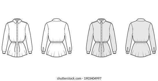 Cuerdas de remolque recogidas ilustración de la cintura técnica de la moda con corbata, mangas largas, longitud túnica, collar clásico. Plantilla de la parte superior de la ropa plana en la parte posterior, color gris blanco. Hombres mujeres unisex maquillaje CAD