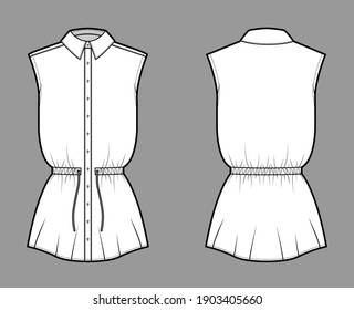 Cinta de trazo de cintura recolectada ilustración técnica de moda con corbata, sin mangas, longitud túnica, collar clásico. Plantilla de ropa de vestir de la parte superior de la ropa plana color blanco delantero de la parte posterior. Hombres mujeres unisex maquillaje CAD