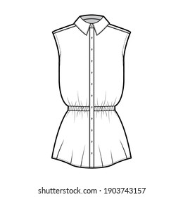 Cuerdas de remolque recogidas de la cintura, ilustración técnica de la moda sin mangas, longitud túnica, collar clásico. Delantero de la plantilla de ropa de vestir de la parte superior de la ropa plana, color blanco. Hombres mujeres unisex maquillaje CAD