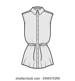 Cinta de trazo de cintura recolectada ilustración técnica de moda con corbata, sin mangas, longitud túnica, collar clásico. Delantero de la plantilla de ropa de vestir de la parte superior de la ropa plana, color gris. Hombres mujeres unisex maquillaje CAD