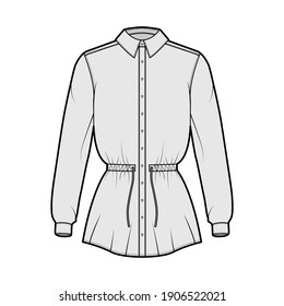 Shirt drawstring gathered waist technical fashion illustration with tie, long sleeves, tunic length, classic collar. Flat apparel top outwear template front, grey color. Women men unisex CAD mockup