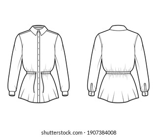 Shirt drawstring gathered waist technical fashion illustration with tie, long sleeves, tunic length, classic collar. Flat apparel top outwear template front, back, white color. Women men CAD mockup