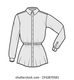 Cinta de trazo de la cintura de la ilustración técnica de la moda con mangas largas dobladas del codo, longitud de la túnica, collar clásico. Plantilla de ropa de vestir plana superior color gris delantero. Mujeres unisex CAD mockup