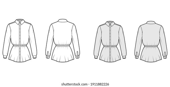 Shirt drawstring gathered waist technical fashion illustration with long sleeves, tunic length, classic collar. Flat apparel top outwear template front, back, white, grey color. Women men CAD mockup